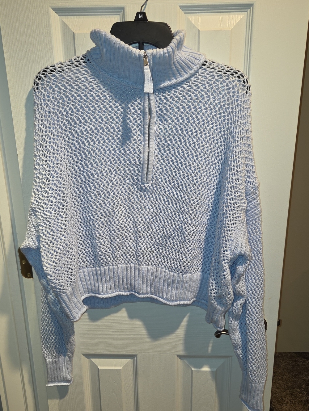 aerie Pale Blue Open-Knit Half-Zip Turtleneck Sweater